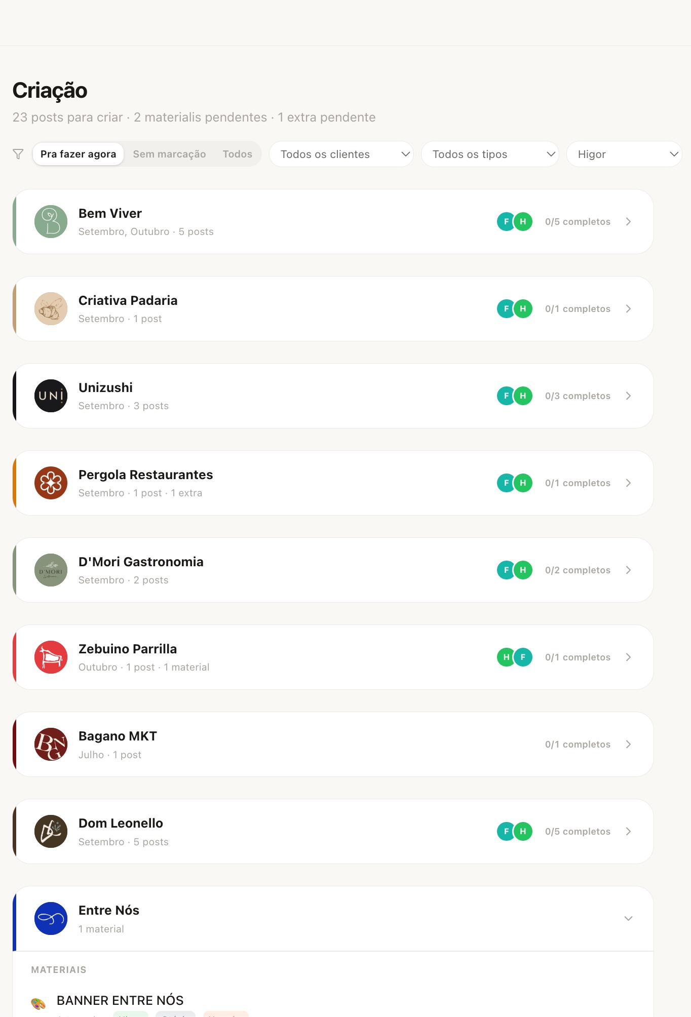 Bagano Hub - fila de criação por cliente